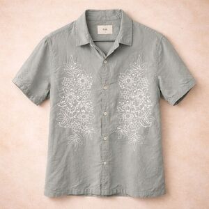 Folk Linen Blend Button Down Coastal Boho Beach Floral Vibes M